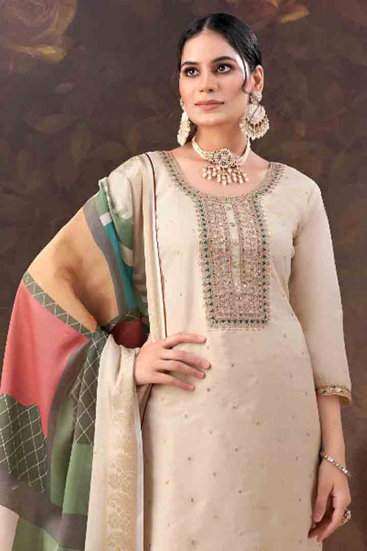 Beige Straight Suit with Multicolor Printed Dupatta
