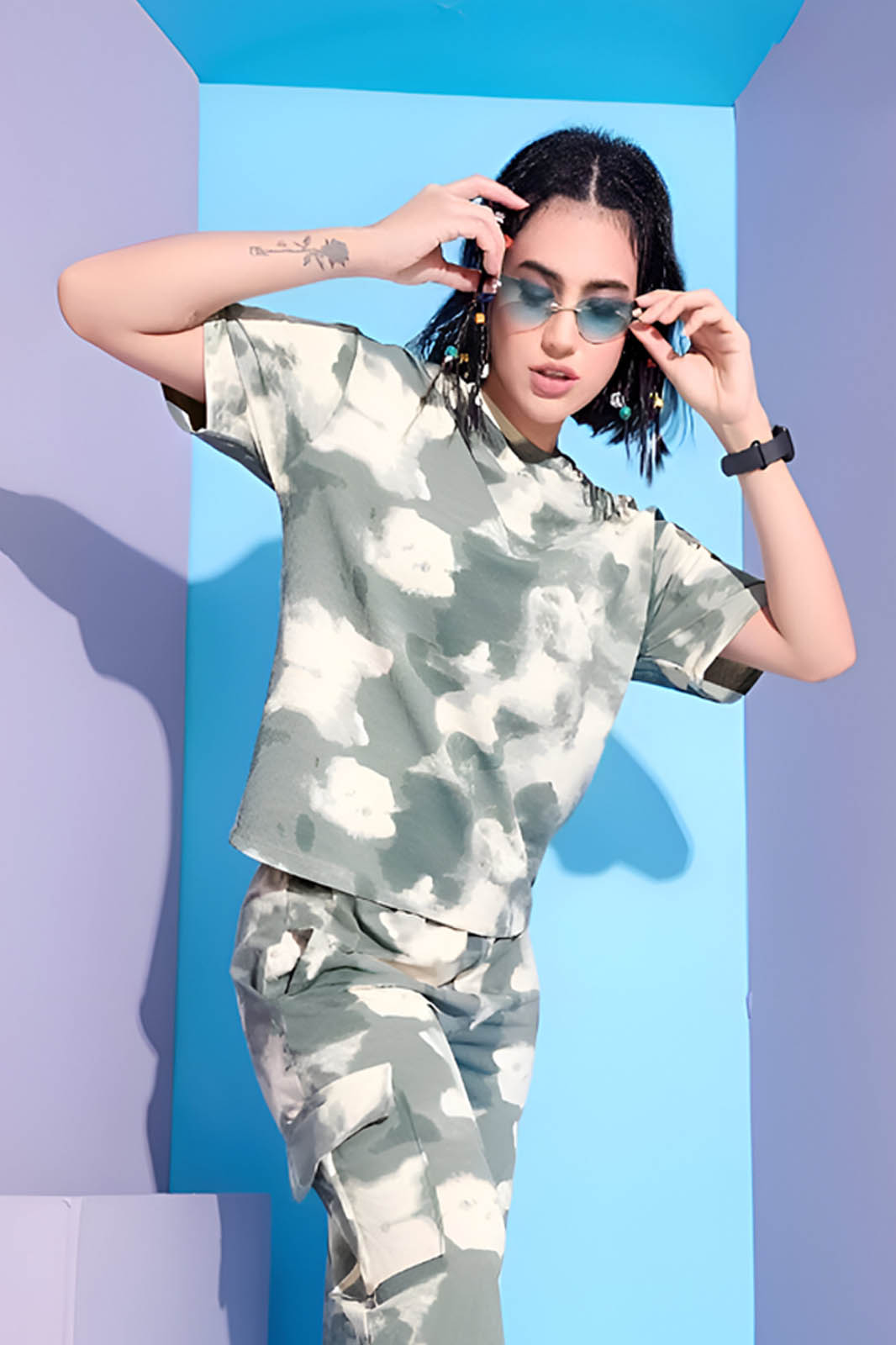Green Tie-Dye Cargo Co-ord Set in Stretchable Lycra