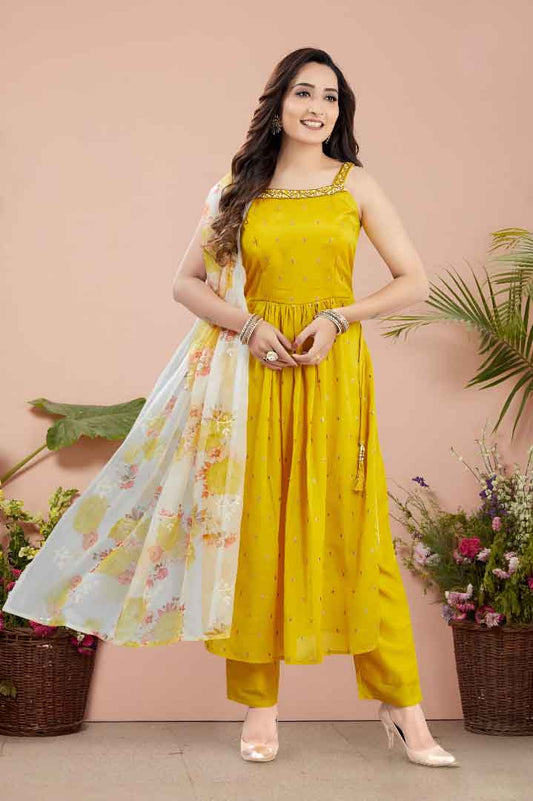 Yellow Angrakha Kurta Set with Floral Dupatta