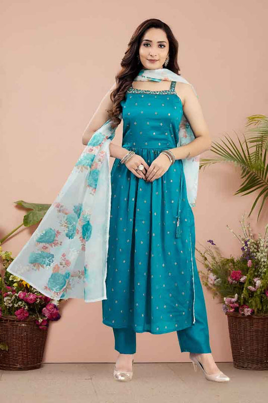 Teal Blue Angrakha Kurta Set with Floral Dupatta