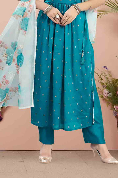 Teal Blue Angrakha Kurta Set with Floral Dupatta