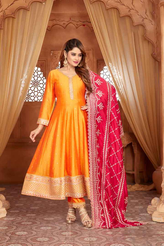 Orange Anarkali Set with Deep Red Embroidered Dupatta