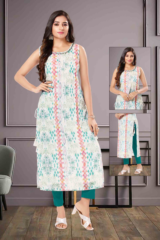 Printed Straight Kurti in White Multicolor