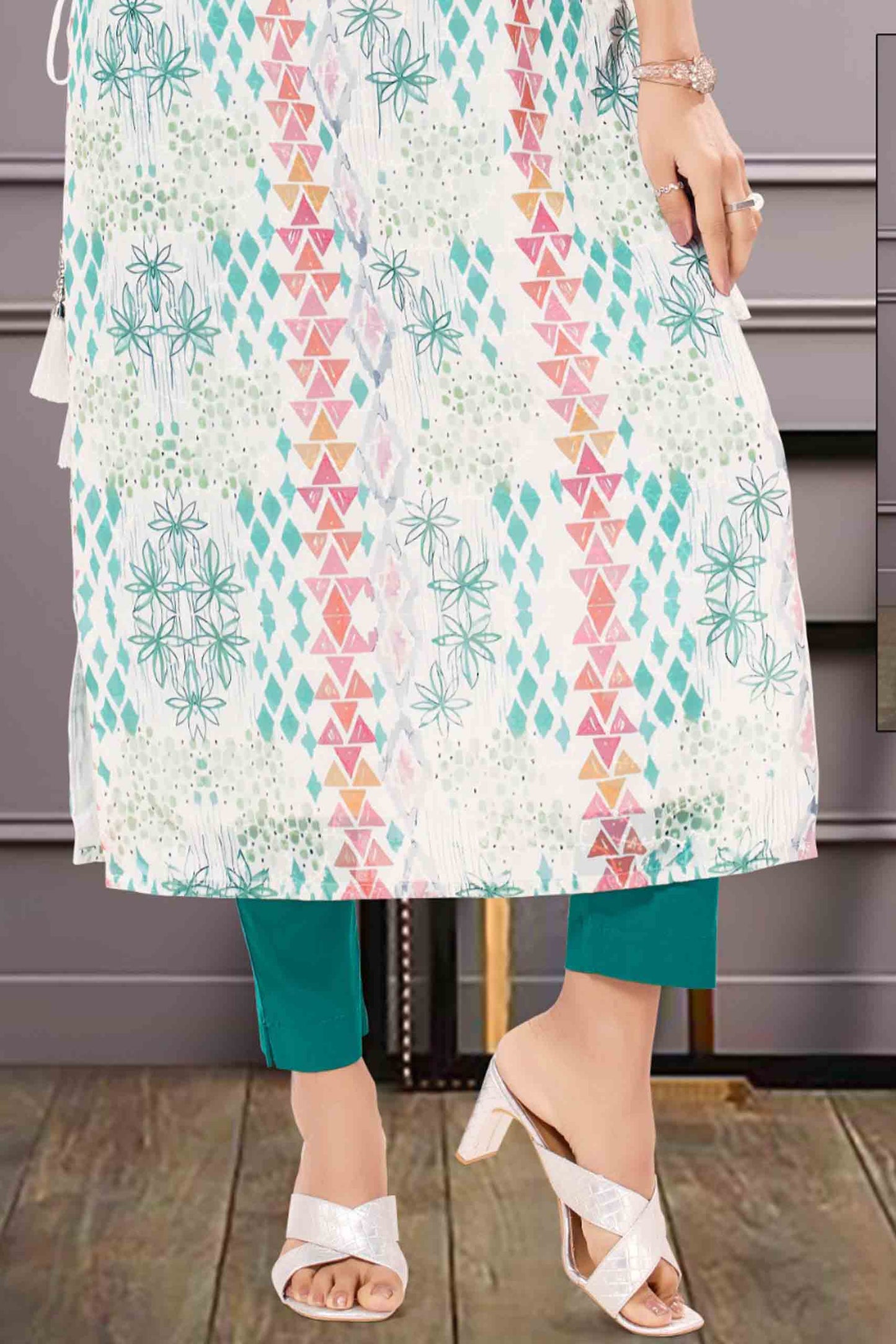 Printed Straight Kurti in White Multicolor