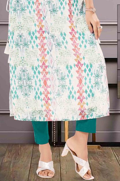Printed Straight Kurti in White Multicolor