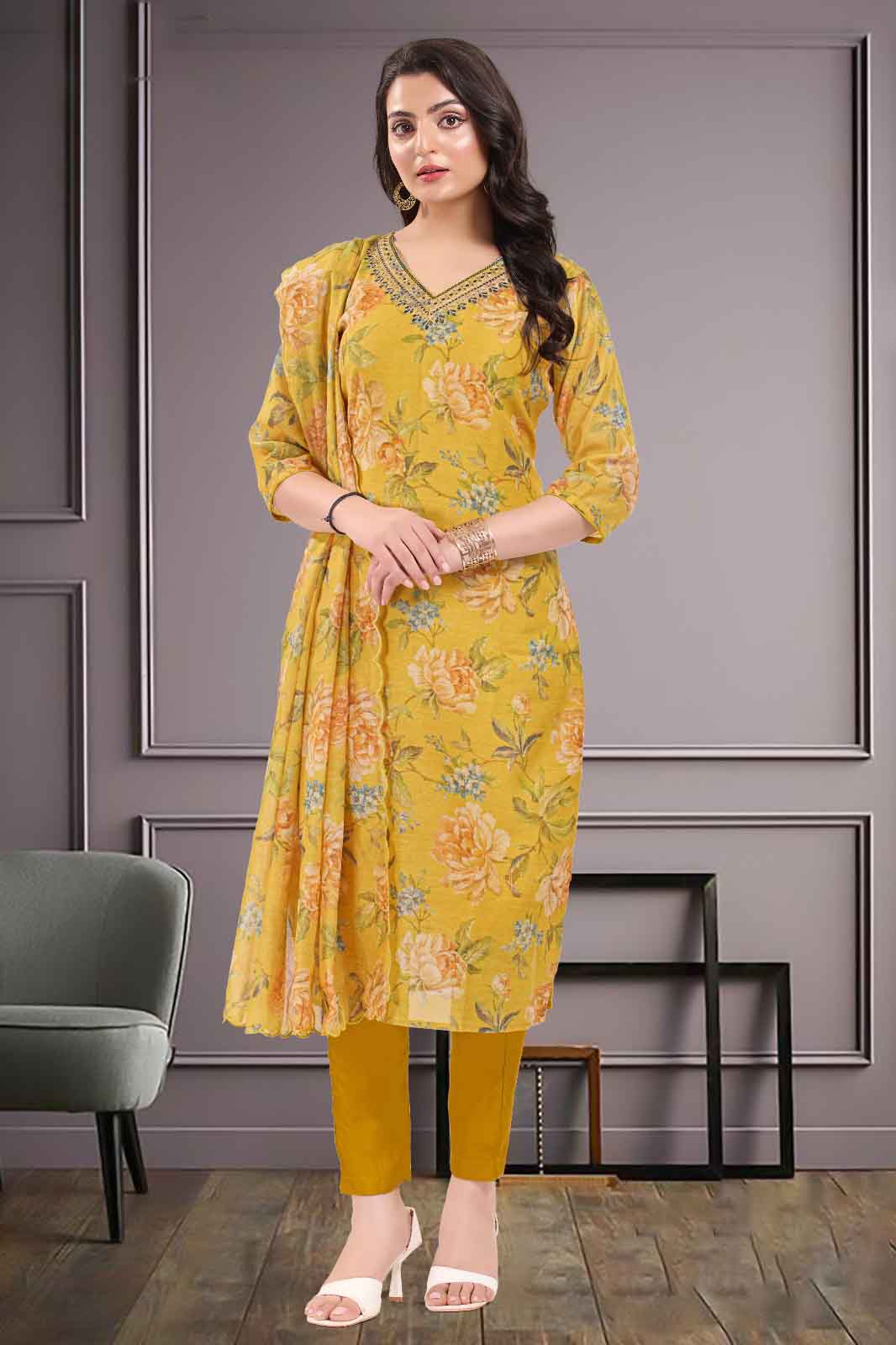 Yellow Floral Printed Kurti Suit Set with Embroidered Neckline
