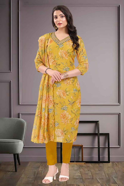 Yellow Floral Printed Kurti Suit Set with Embroidered Neckline