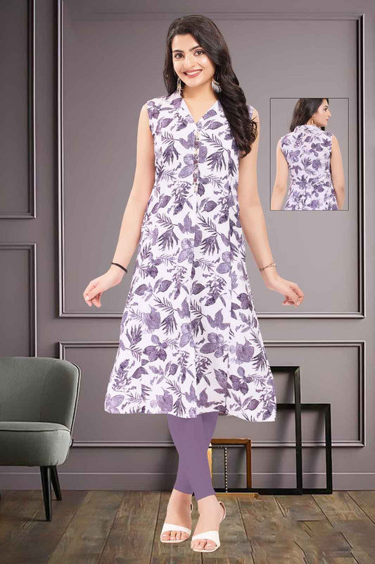 White Floral A-line Kurti with Button Detailing