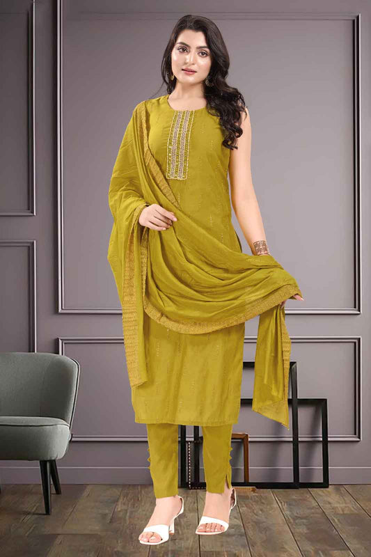 Olive Yellow Embroidered Kurti Suit Set with Matching Dupatta