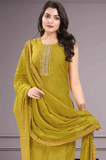 Olive Yellow Embroidered Kurti Suit Set with Matching Dupatta