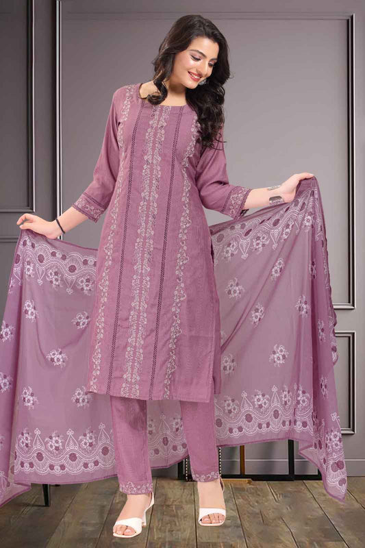 Dusty Pink Thread Embroidered Kurti Suit with Heavy Dupatta