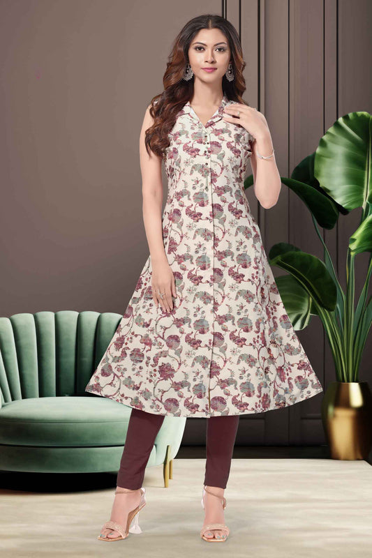 Beige Maroon Floral Printed A-Line Kurti