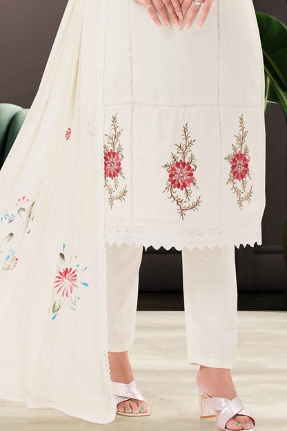 Off White Embroidered Kurti Set with Floral Dupatta