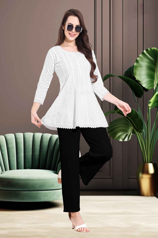 White Flared Short Kurti in Georgette with Thread Embroidery