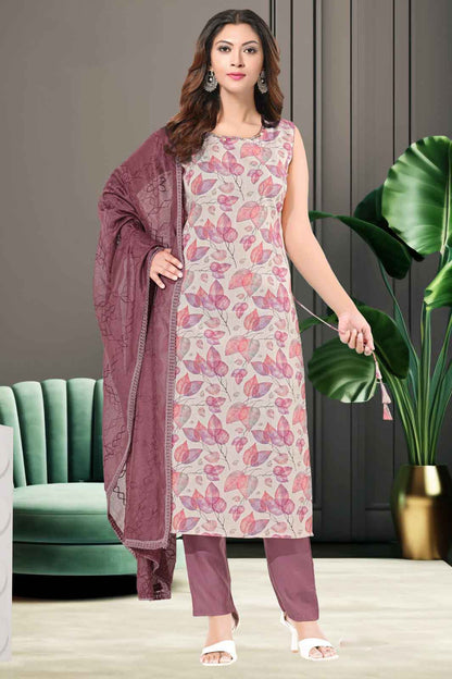 Pink Leaf Print Kurti Set with Solid Pant & Dupatta
