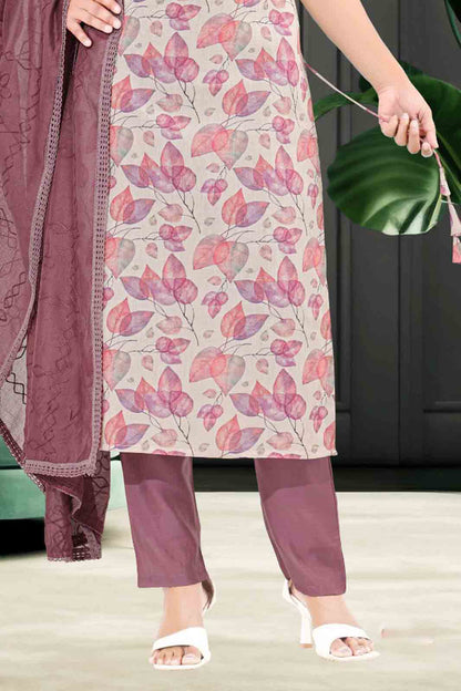 Pink Leaf Print Kurti Set with Solid Pant & Dupatta