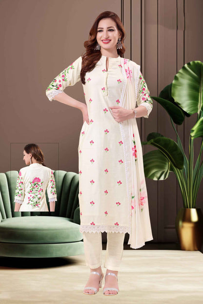 Off White Floral Embroidered Kurti Set with Dupatta