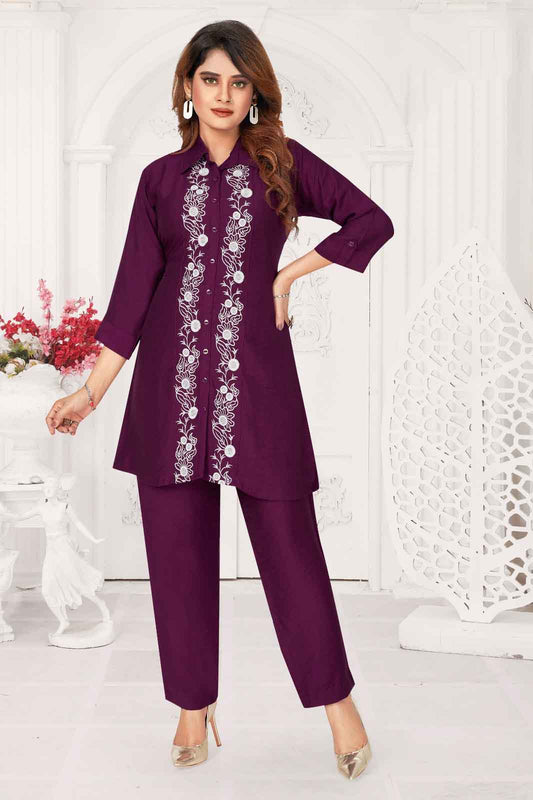Purple Embroidered Collar-Style Co-ord Set