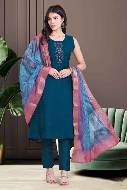 Teal Blue Embroidered Kurti Set with Dupatta
