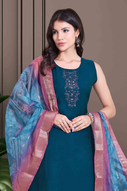 Teal Blue Embroidered Kurti Set with Dupatta