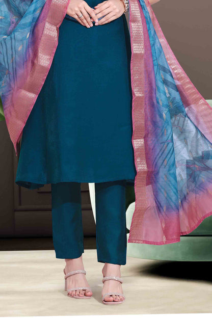 Teal Blue Embroidered Kurti Set with Dupatta