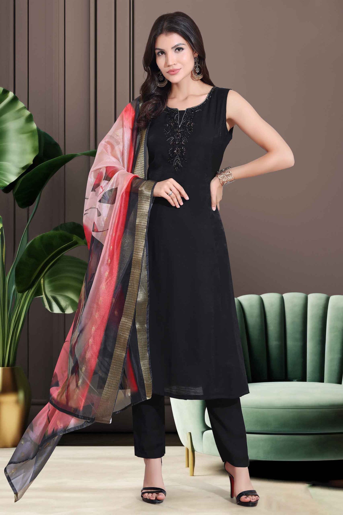Elegant Black Kurti Set with Designer Red Dupatta