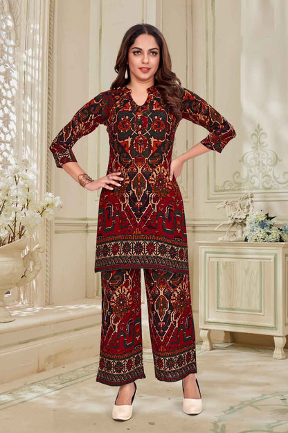 Maroon & Black Ethnic Printed Co-ord Set