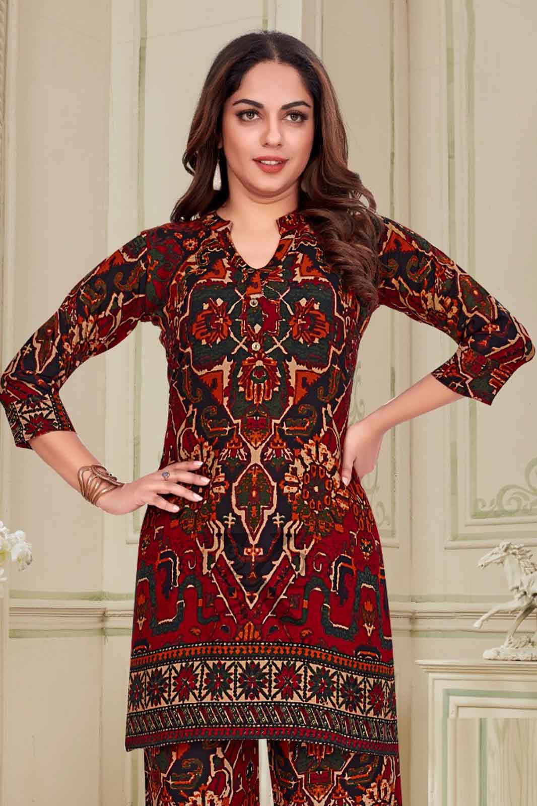 Maroon & Black Ethnic Printed Co-ord Set