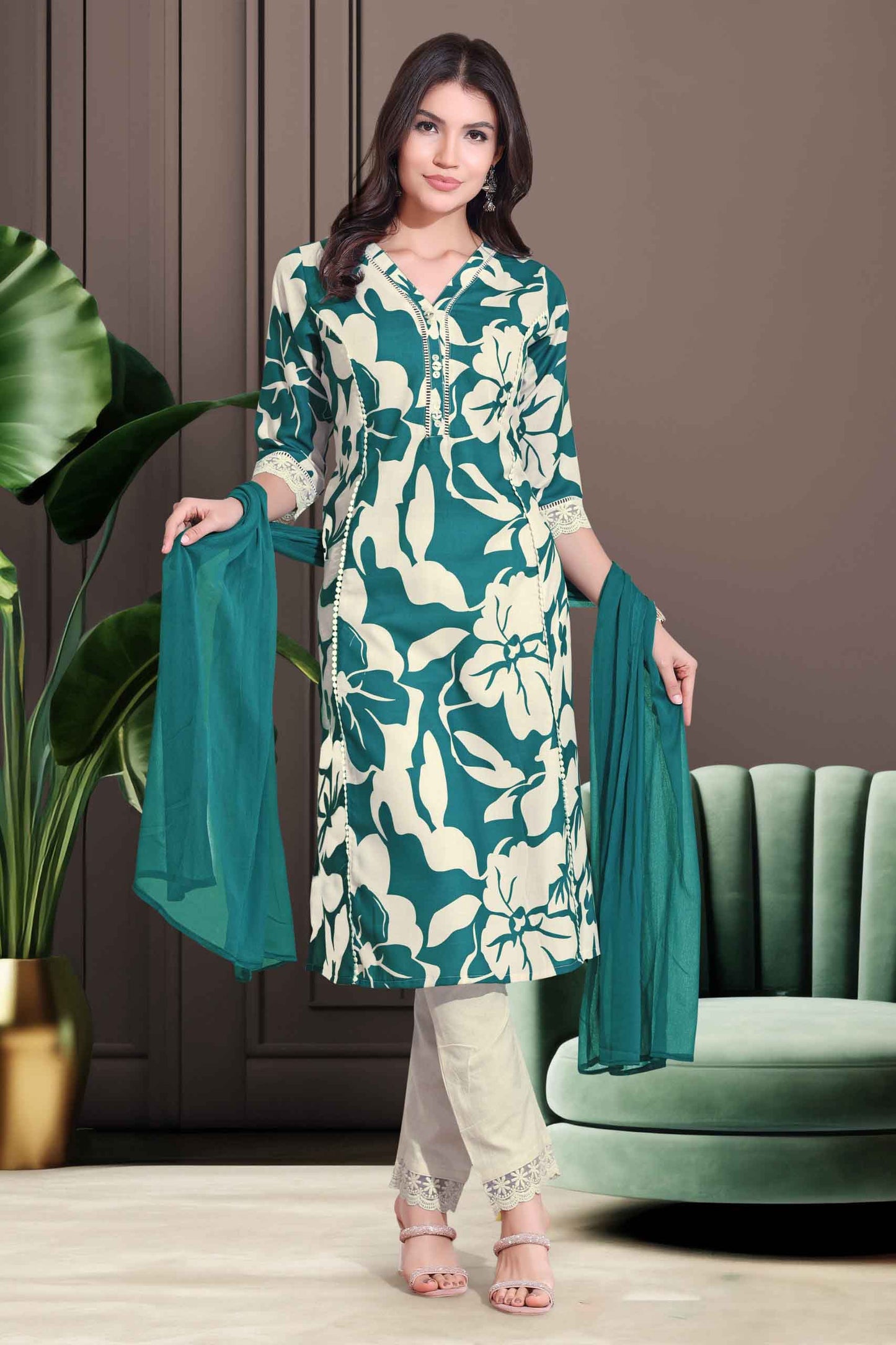 Green & Cream Floral Printed Straight Kurti Set with Chiffon Dupatta