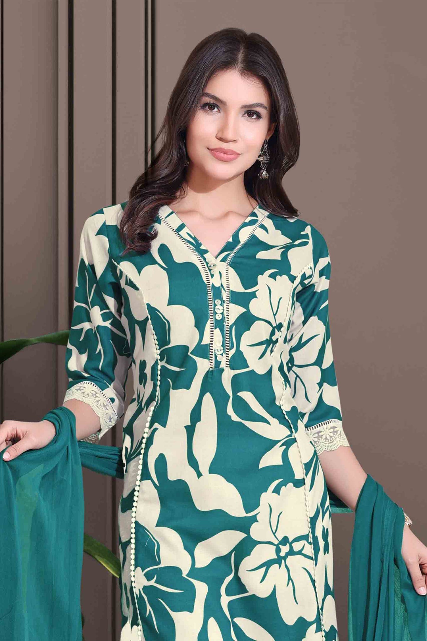 Green & Cream Floral Printed Straight Kurti Set with Chiffon Dupatta