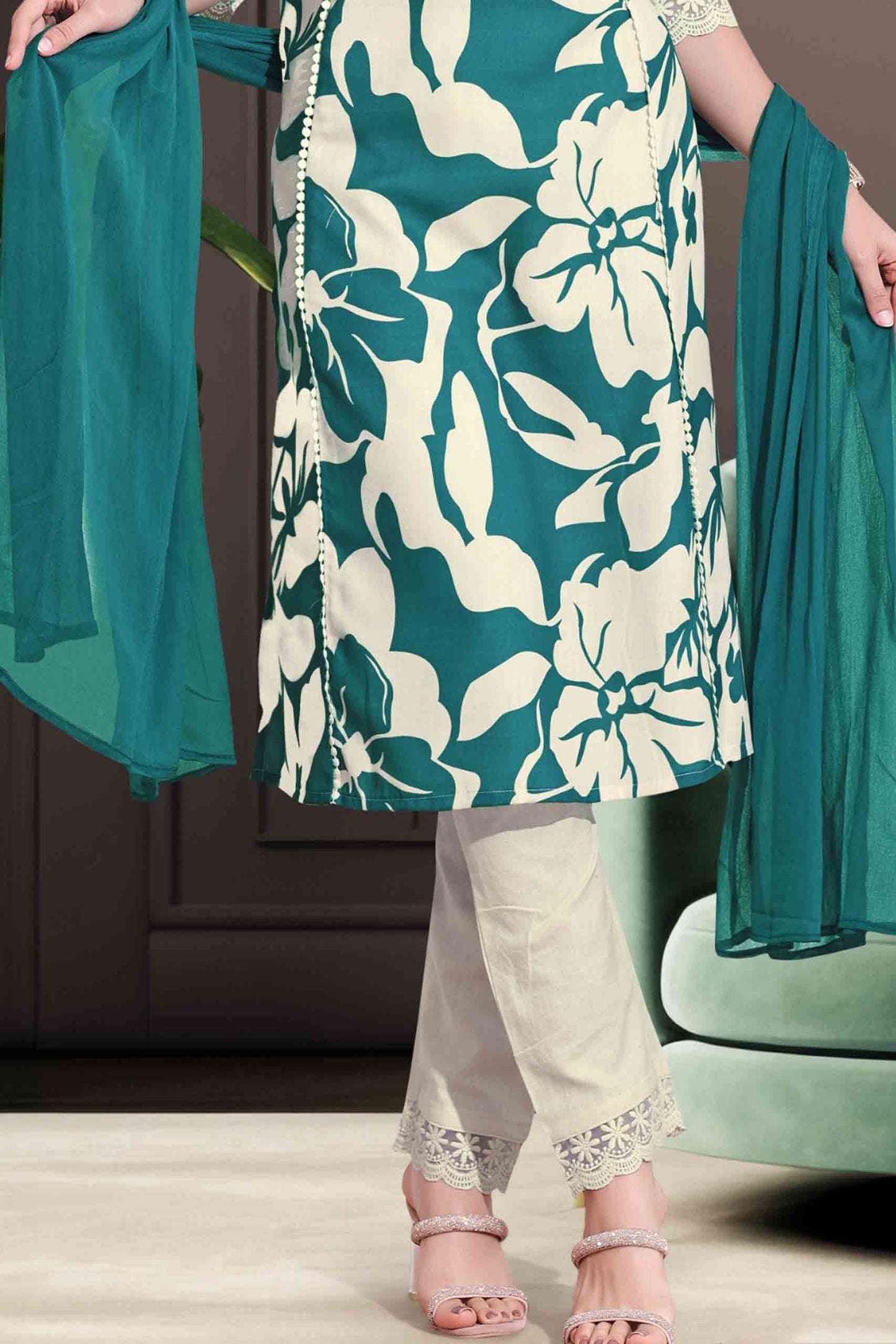 Green & Cream Floral Printed Straight Kurti Set with Chiffon Dupatta