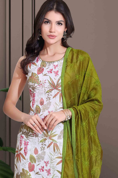 Olive Green & White Floral Printed Kurti Set with Embroidered Dupatta