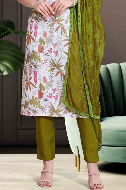 Olive Green & White Floral Printed Kurti Set with Embroidered Dupatta