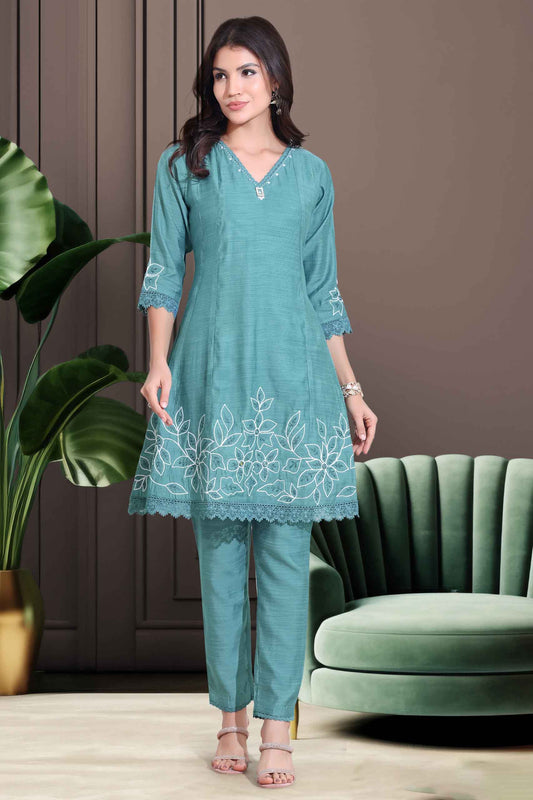 Teal Blue Floral Embroidered Co-ord Set