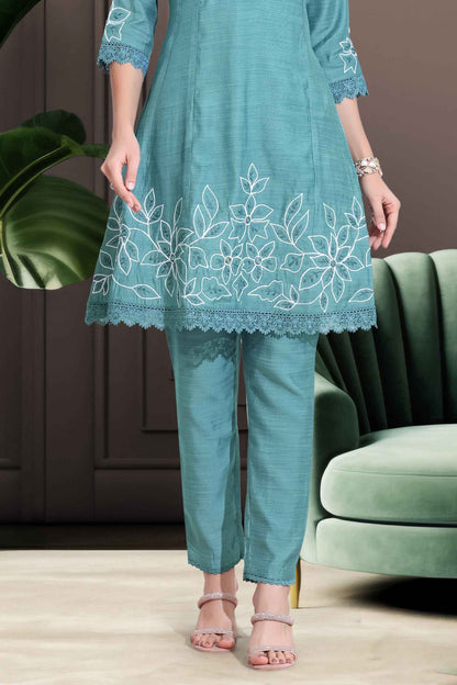 Teal Blue Floral Embroidered Co-ord Set