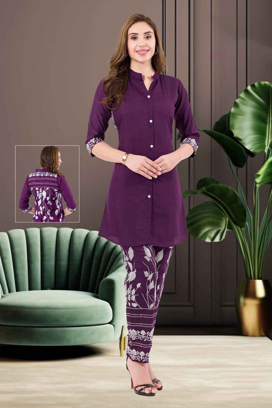 Purple Printed Co-ord Set with Buttoned Shirt Kurti