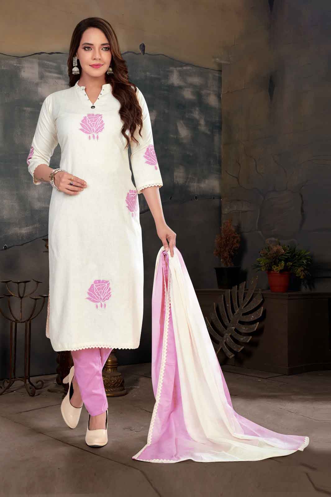 White & Pink Kurti Set with Handblock Rose Print