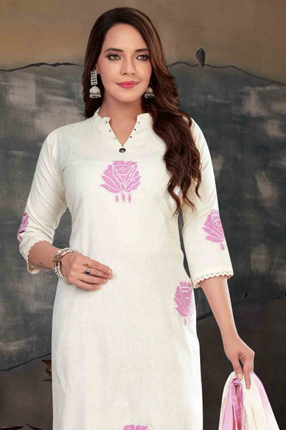 White & Pink Kurti Set with Handblock Rose Print