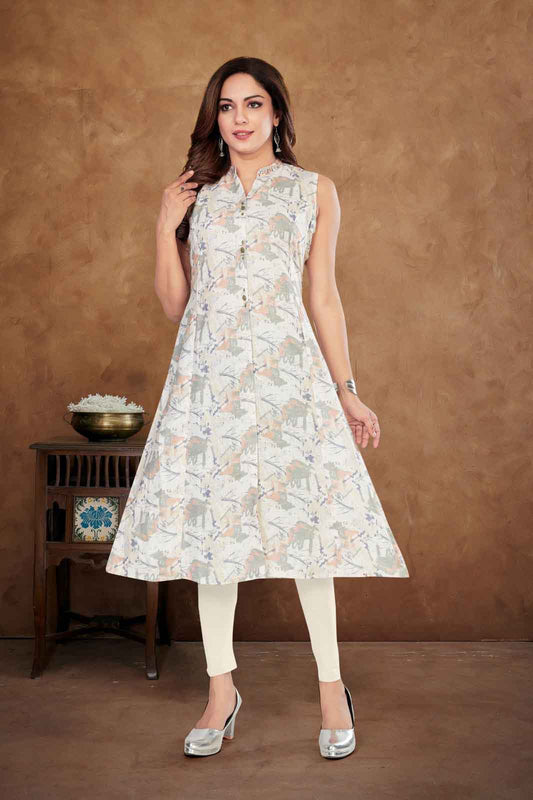 Off-White Ethnic Printed A-line Kurti