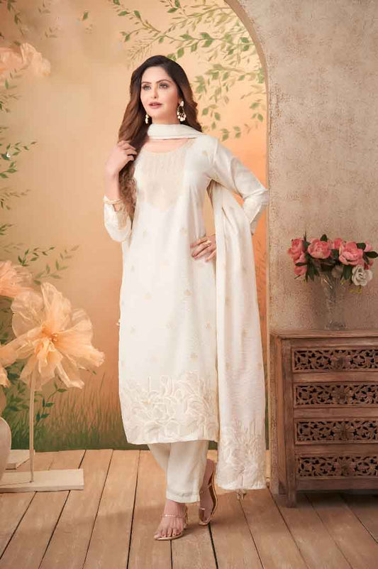Ivory Suit with Floral Embroidery and Textured Dupatta