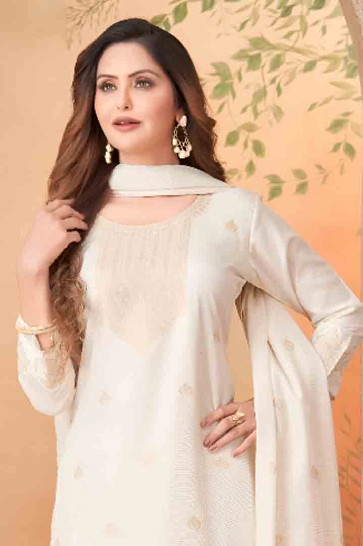 Ivory Suit with Floral Embroidery and Textured Dupatta