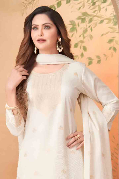 Ivory Suit with Floral Embroidery and Textured Dupatta