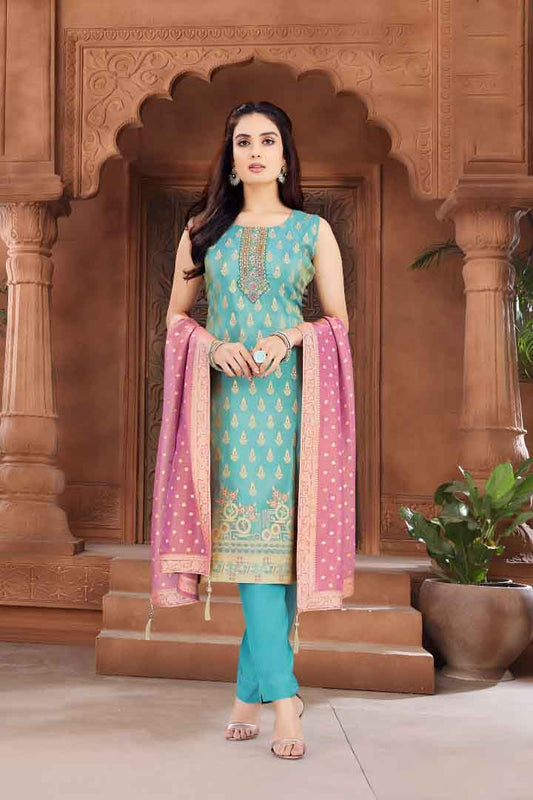 Blue Embroidered Suit with Mauve Pink Dupatta