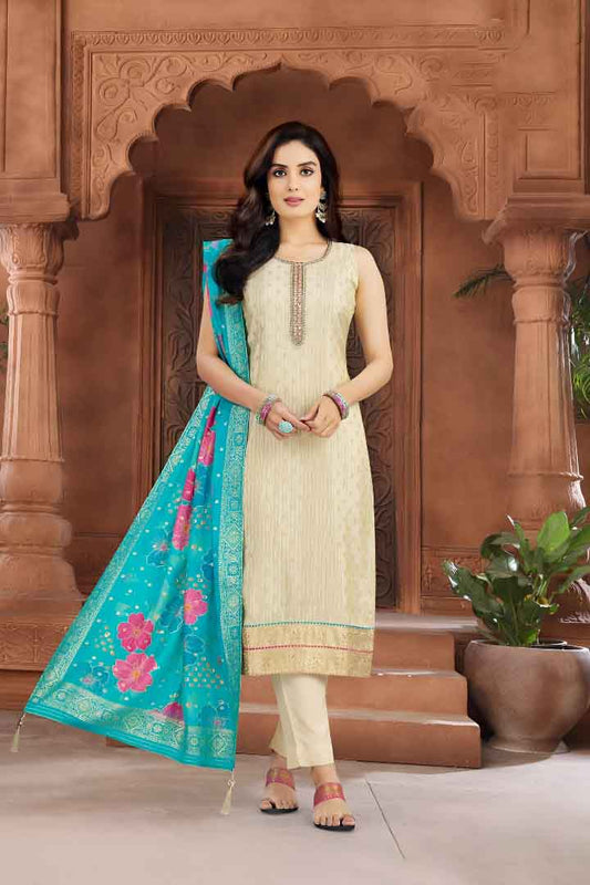 Ivory Suit Set with Blue Floral Dupatta