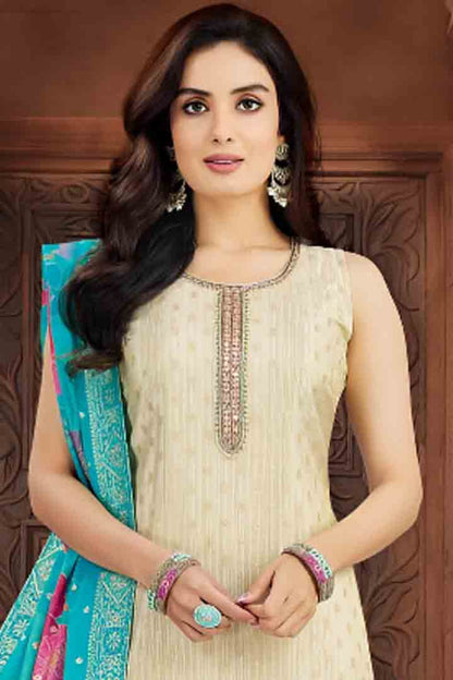 Ivory Suit Set with Blue Floral Dupatta