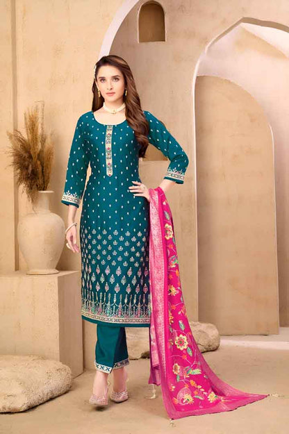 Teal Blue Embroidered Suit Set with Hot Pink Dupatta