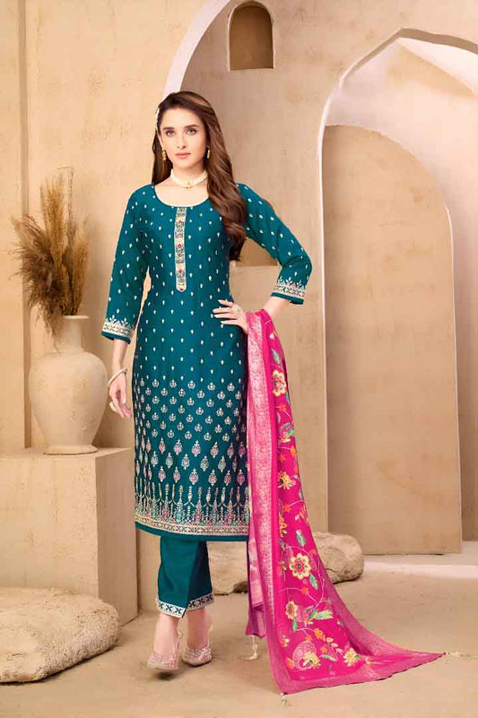Teal Blue Embroidered Suit Set with Hot Pink Dupatta