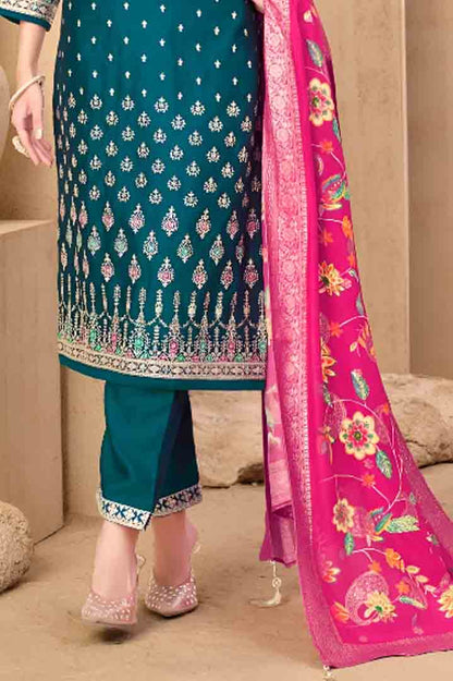 Teal Blue Embroidered Suit Set with Hot Pink Dupatta