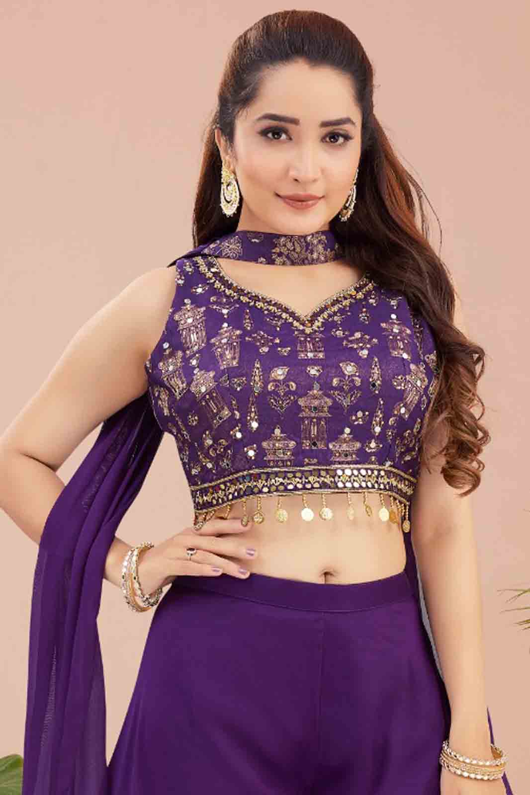 Purple Indo-Western Crop Top & Palazzo Set.