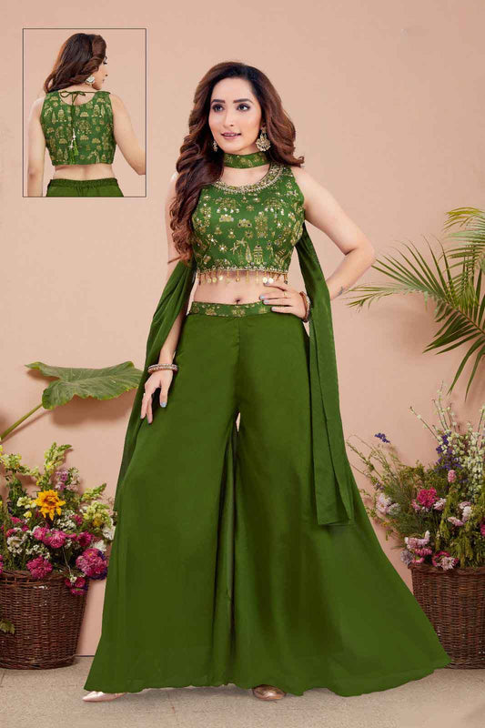 Olive Green Indo-Western Crop Top & Palazzo Set
